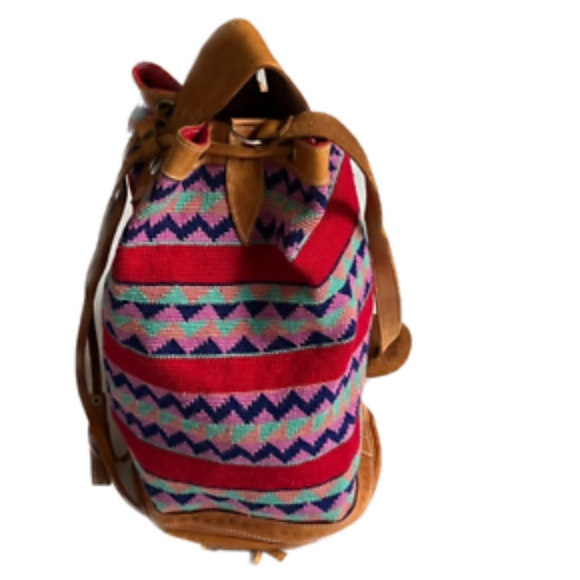 Boho Guatemala Bucket Bag DRAWSTRING Shoulder Tote Leather Woven Pink Red Hippie - Picture 2 of 12